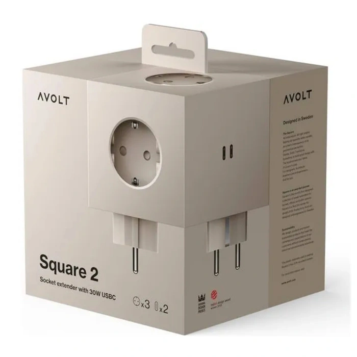 Rozszerzacz gniazd Avolt Square 2 z podwójnym USB-C 30W beżowa