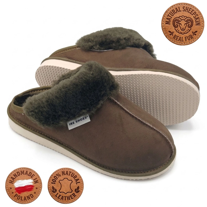 Kapcie damskie IRE SHOES ze skóry owczej naturalny kożuch futro ciepłe ręcznie szyte r. 39