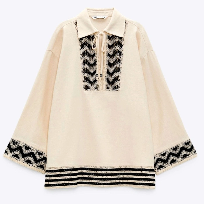 Bluzka damska Zara boho oversize beżowa z lnem