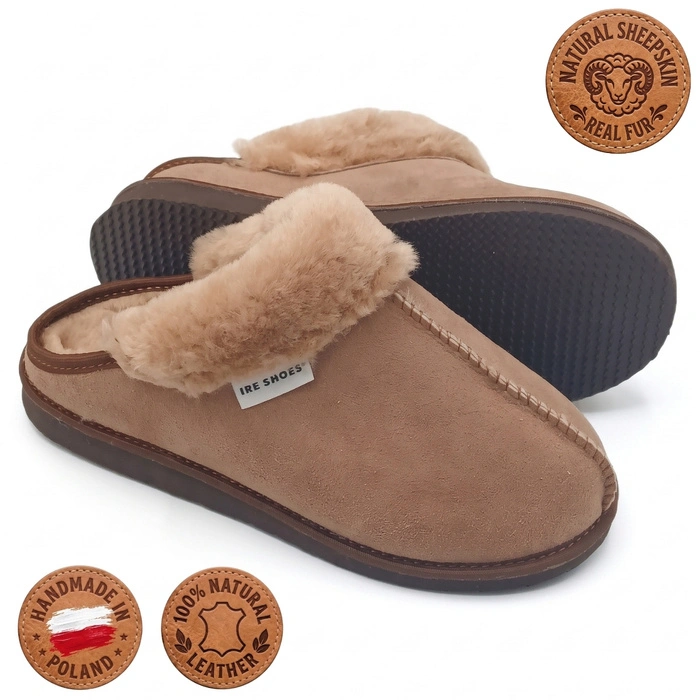 Kapcie damskie IRE SHOES ze skóry owczej naturalny kożuch futro ciepłe ręcznie szyte r. 38